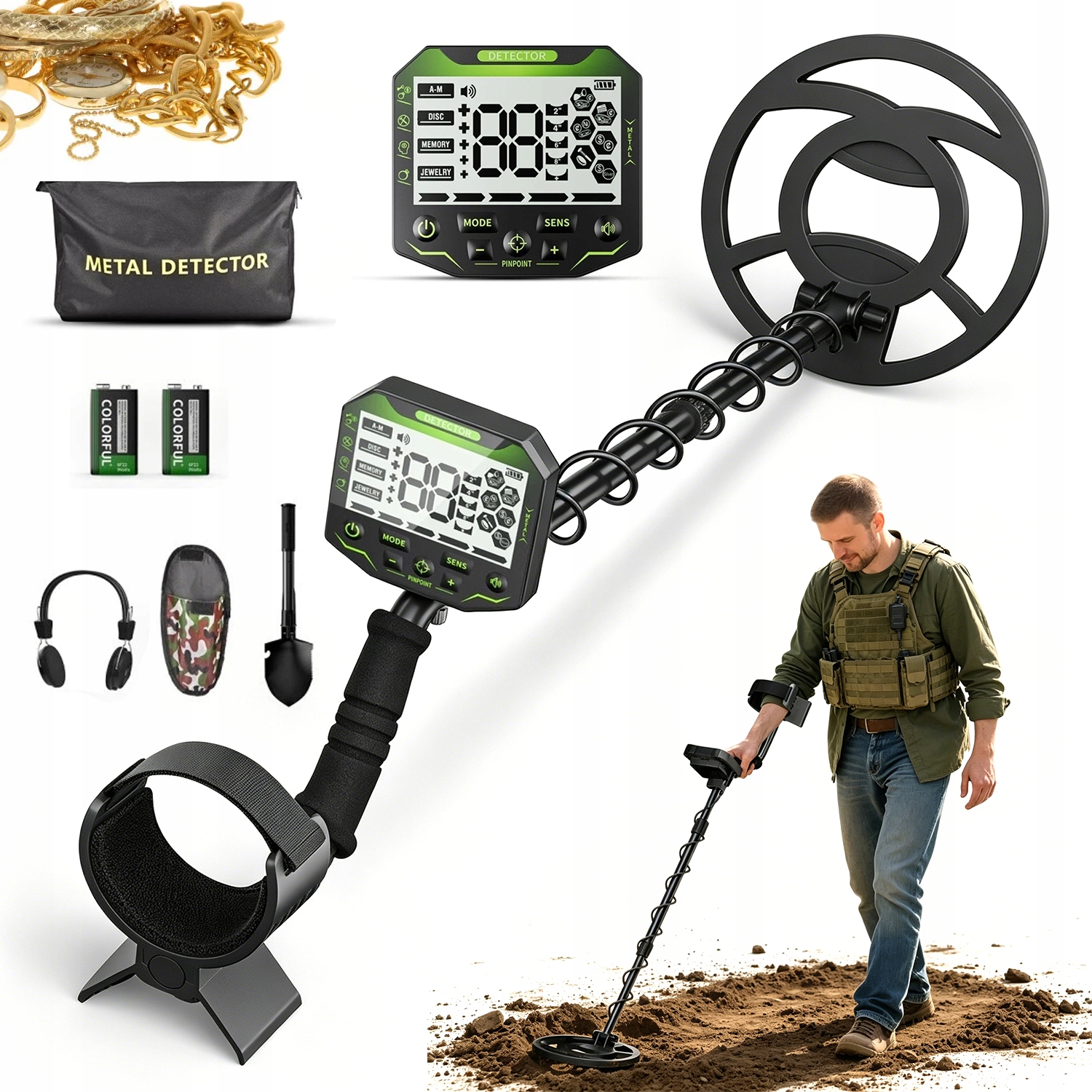 Přesný Detektor Kovů Vodotěsný Akumulátorový Set S Lopatou