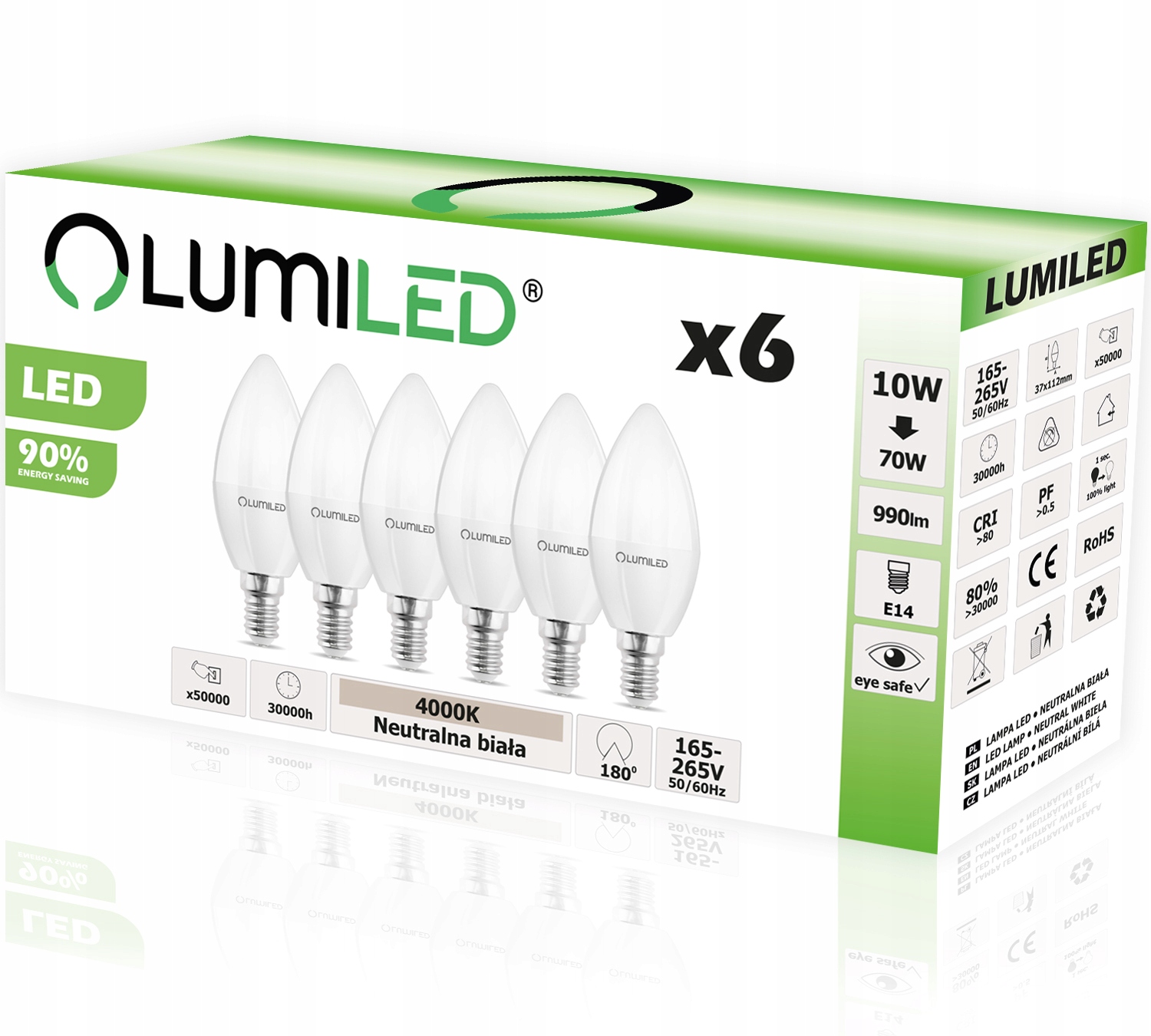

6x Żarówka Led Świeczka E14 10W 70W 4000K Lumiled
