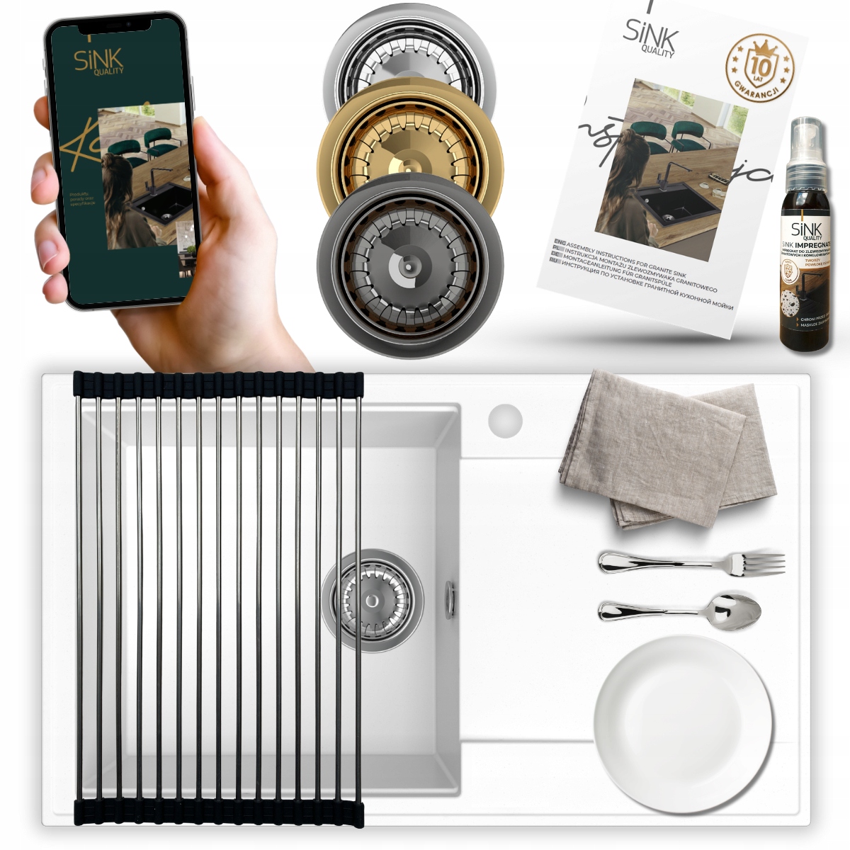 Granitový dřez, bílý, Jednokomorový, Odkapávač, sifon Manuální Bonus