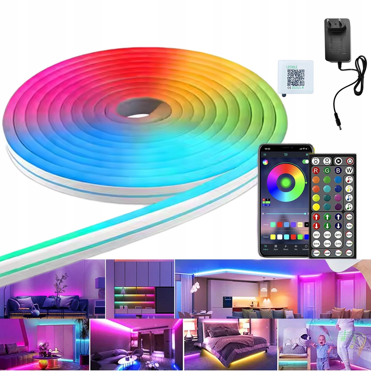 Taśma Led Rgb 15m Wodoodporna Pilot Aplikacja IP65 24V Usb Neon