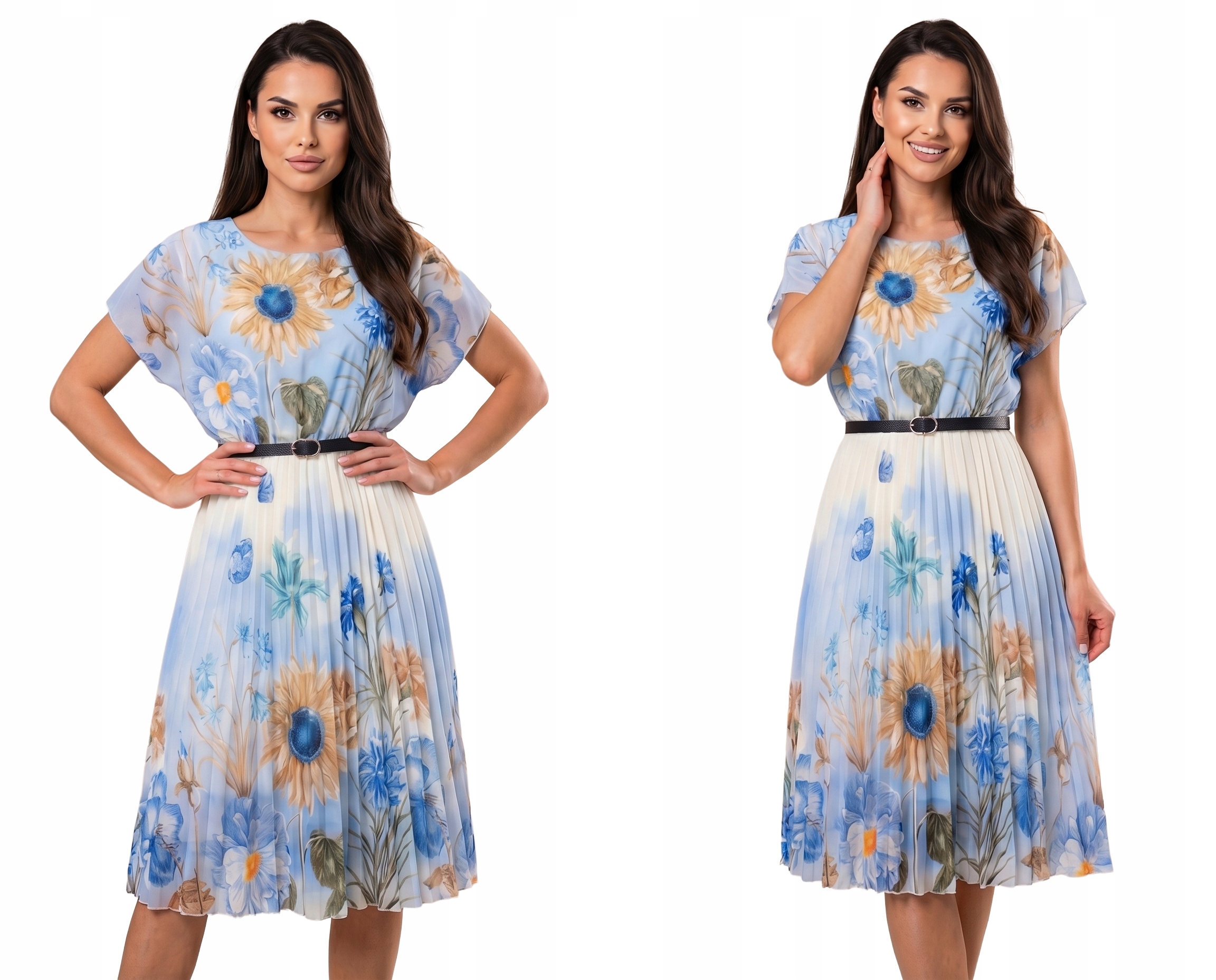 Sukienka Midi Letnia Kwiaty Dekolt Plisowana Gumka w Pasie Niebieska Wesele