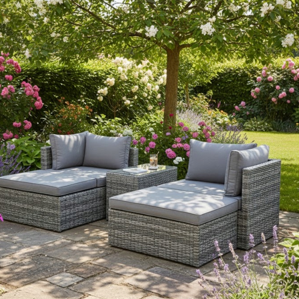 ZESTAW Mebli OGRODOWYCH Narożnik MODUŁOWY Fotel Stolik Podnóżek Rattan Liczba osób 4