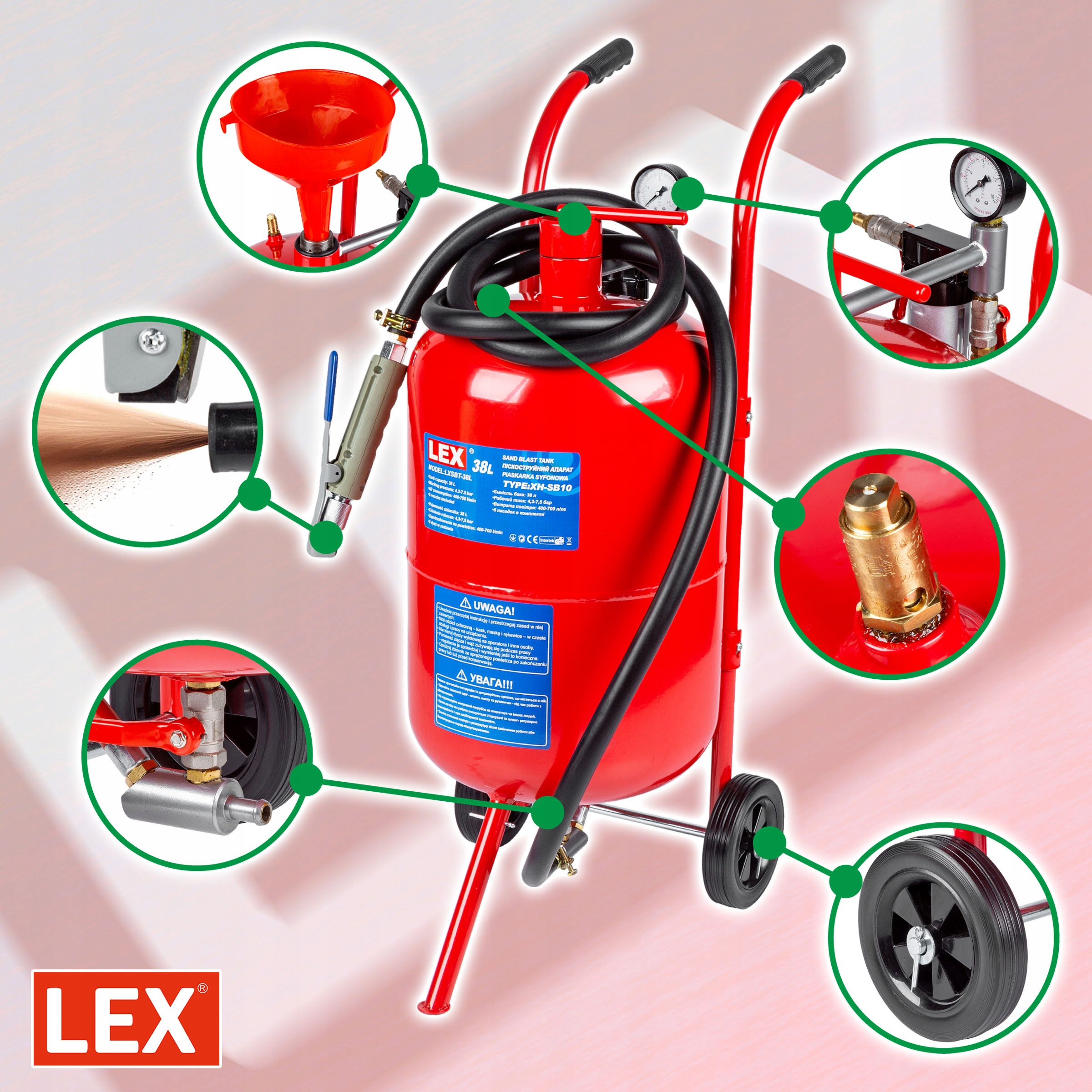 Piaskarka syfonowa MOBILNA 38L pistolet dysze maska ZESTAW DO PIASKOWANIA Marka Lex