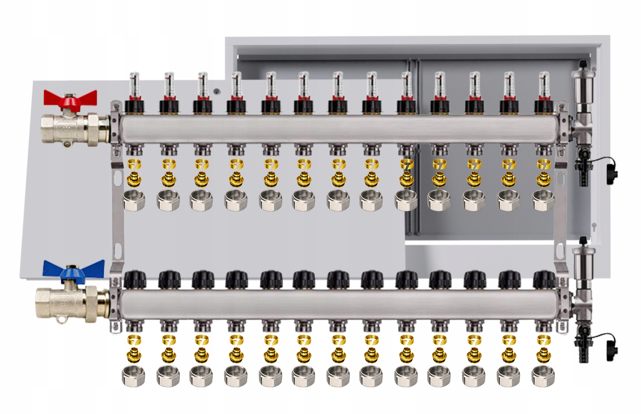 Nerezový rozdělovač pro podlahu 13 okruhů nástěnná skříňka Pex