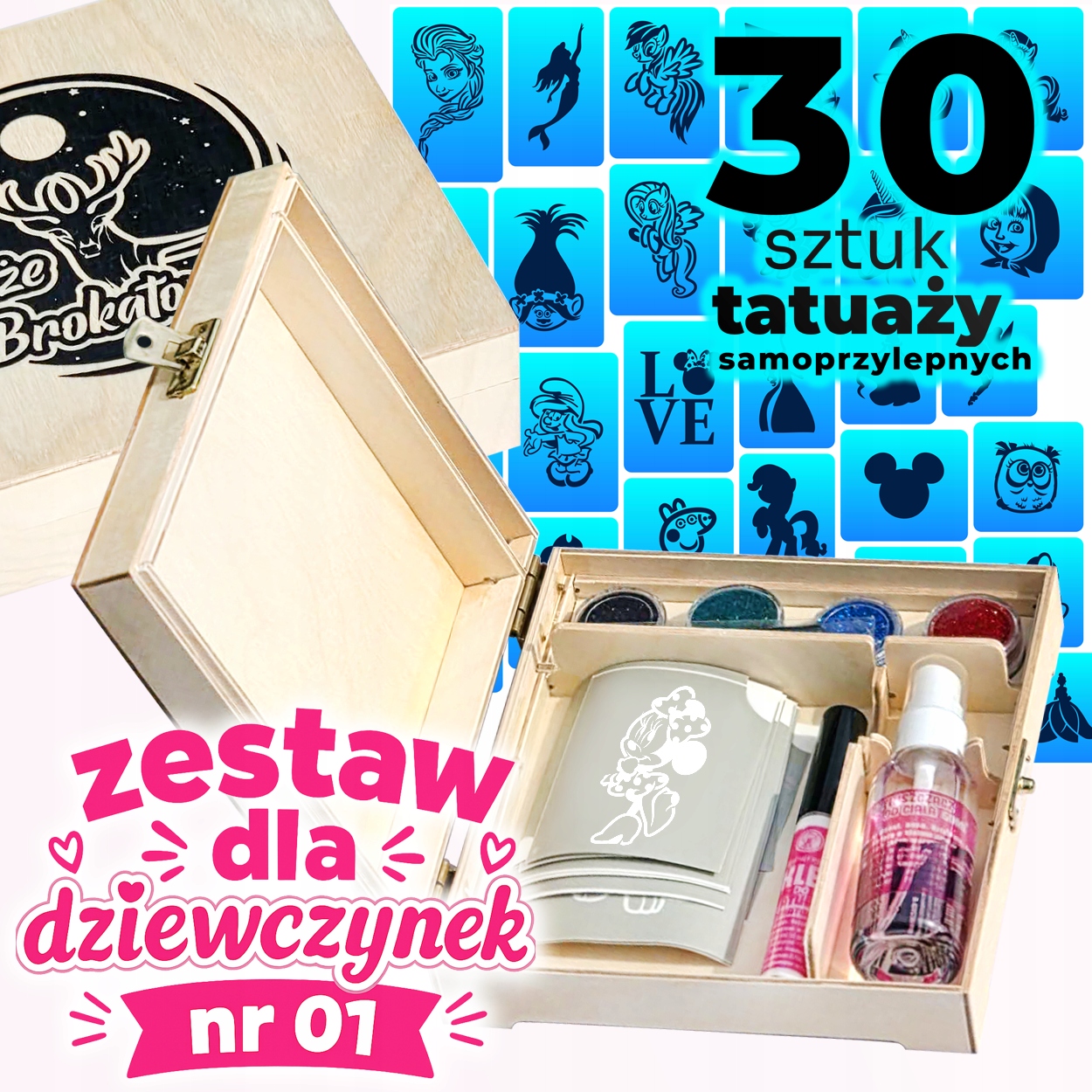 Zestaw 30 szablonów do tatuaży brokatowych w skrzyneczce dziewczynki nr 01
