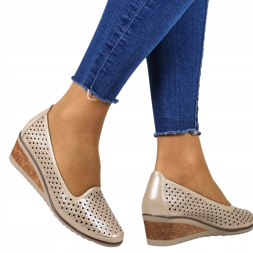 Półbuty Damskie Ażurowe Buty Na KOturnie Beżowe 40