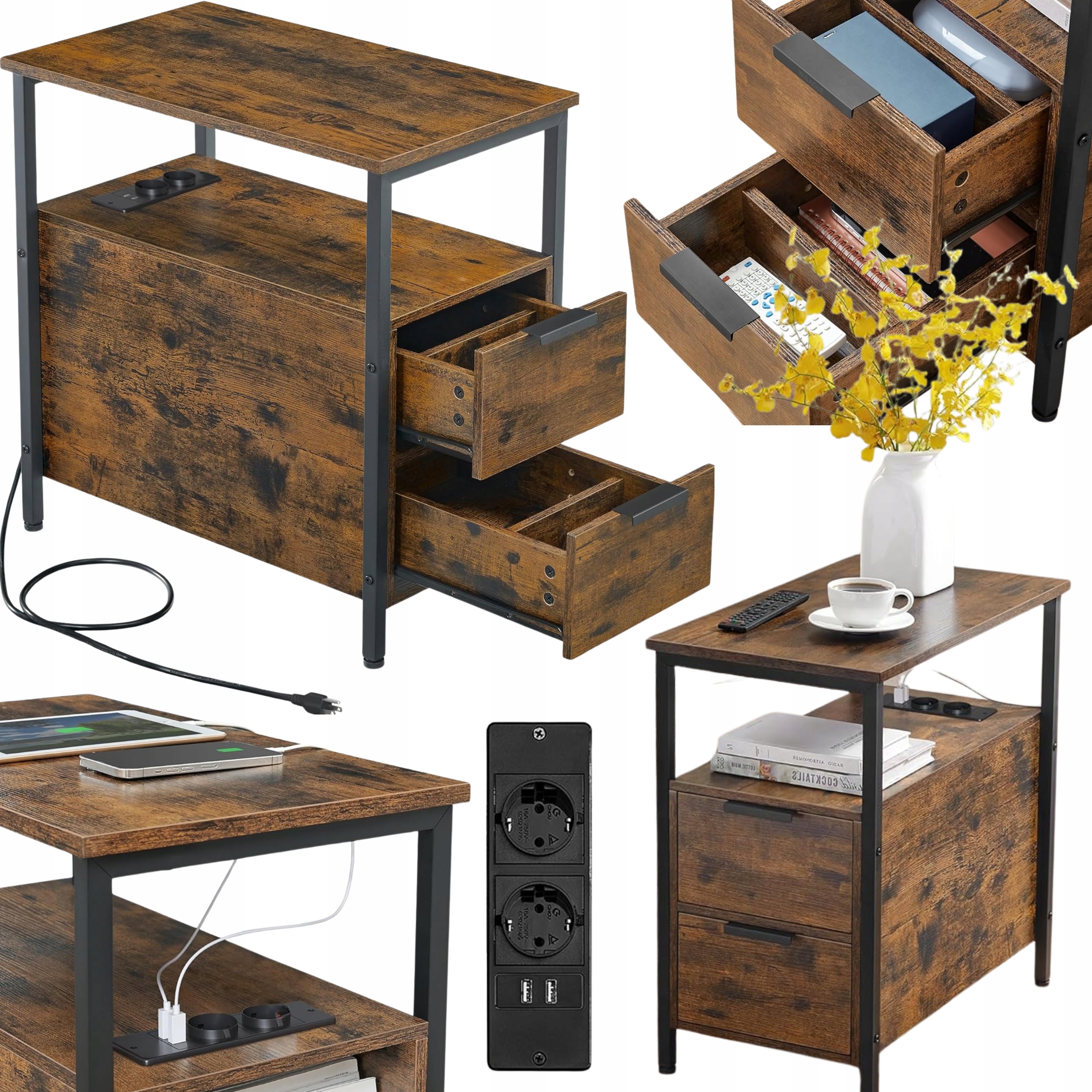 Nočný stolík Kávový s Usb nabíjačkou Úzky s zásuvkami Polička Loftová skrinka