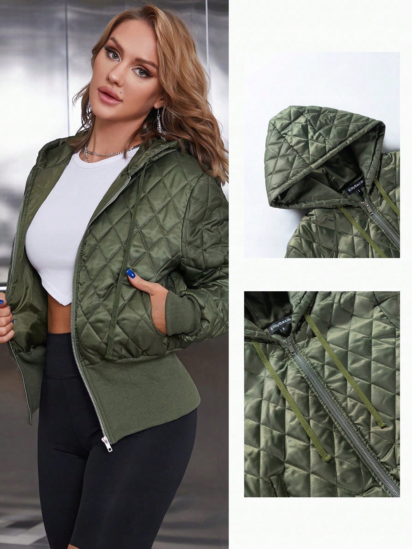 Dámská Prošívaná Zelená Bunda S Kapucí Bomber Casual Xs 34