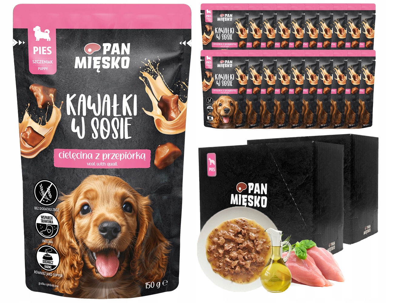 Pan Mięsko Cielęcina Przepiórka saszetki dla szczeniąt Zestaw 20x150g