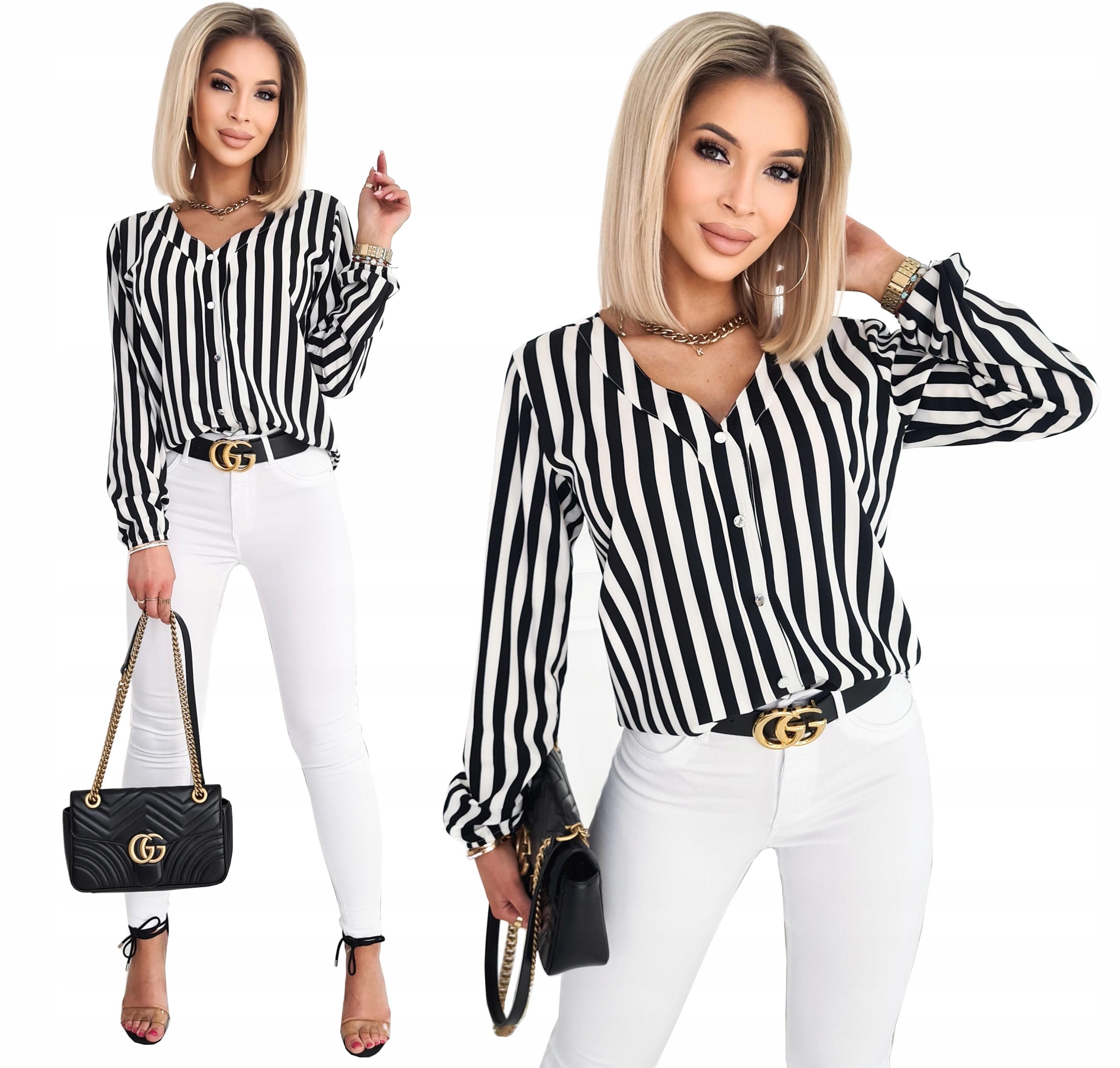 

Kobieca Elegancka Koszula Pasy Paski Dekolt V-neck
