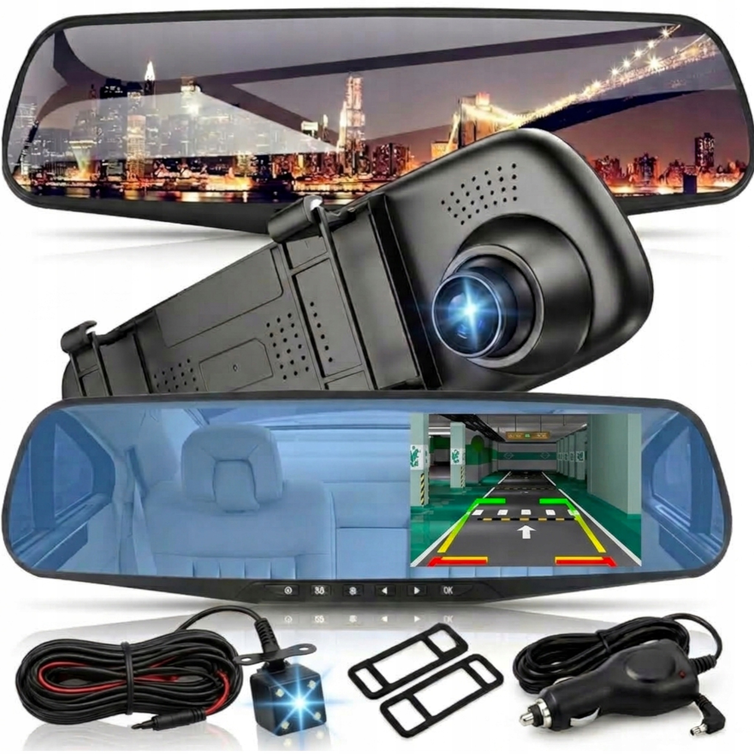Kamera Samochodowa Wideorejestrator Lusterko Rejestrator Full Hd Przód Tył