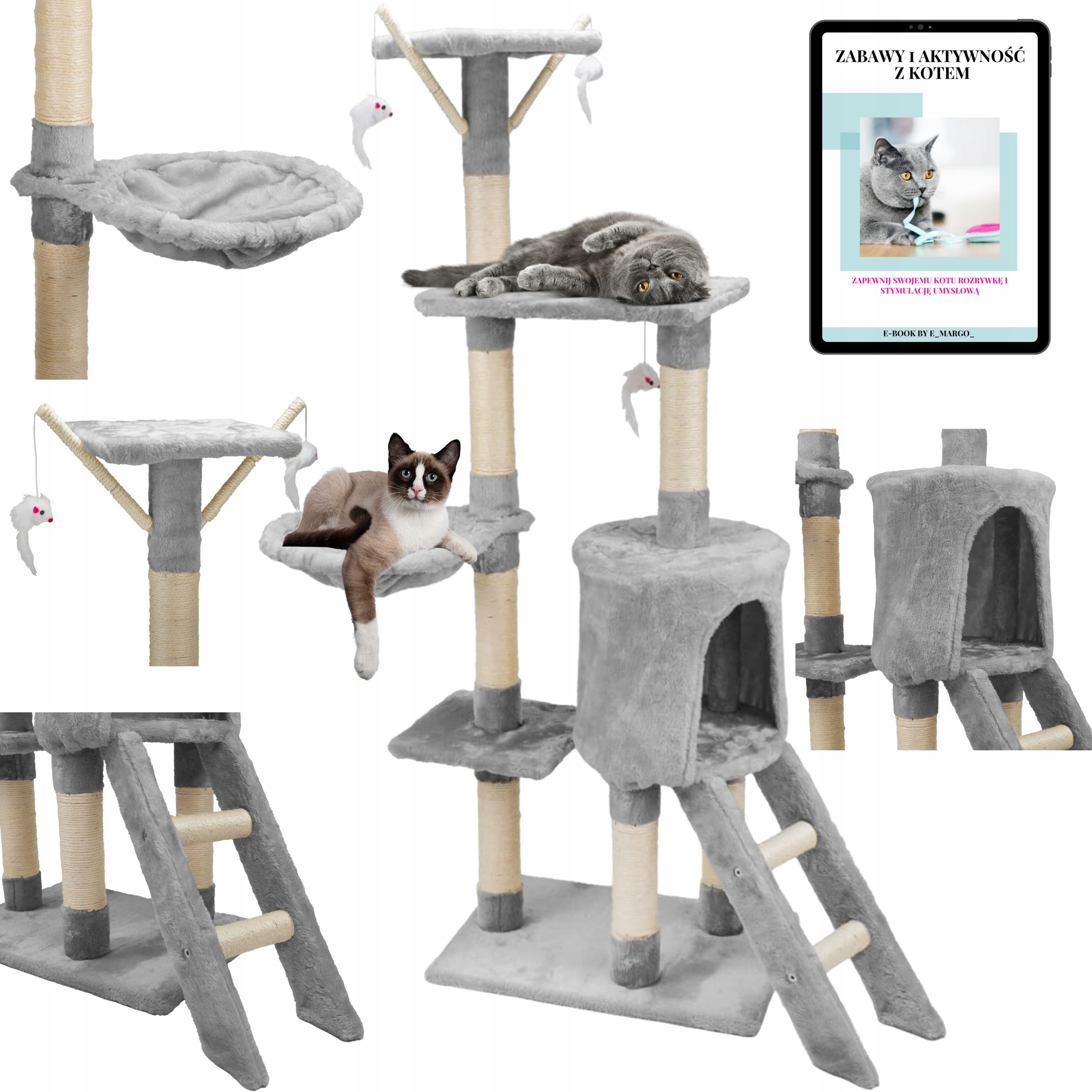 Levně Velké Škrabadlo Pro Kočky Domeček Pelíšek Žebřík S Myškami 5 Úrovní 138 CM