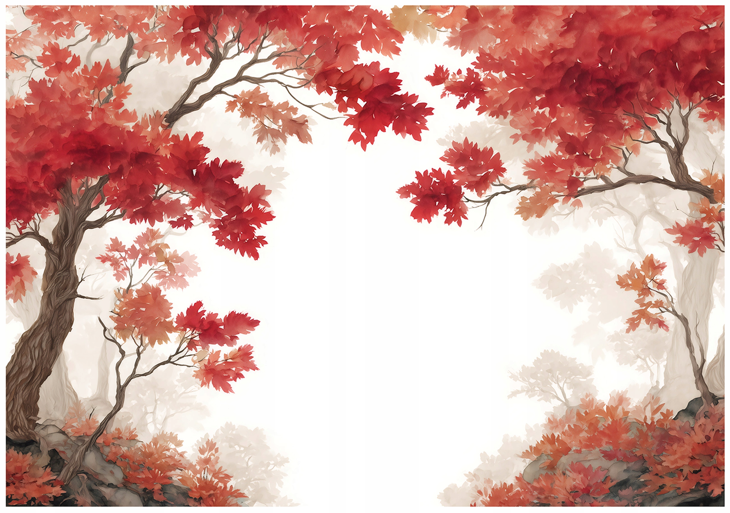 Fototapeta Les Stromy Akvarel Listy Podzim Červená Příroda Mlha 200x140