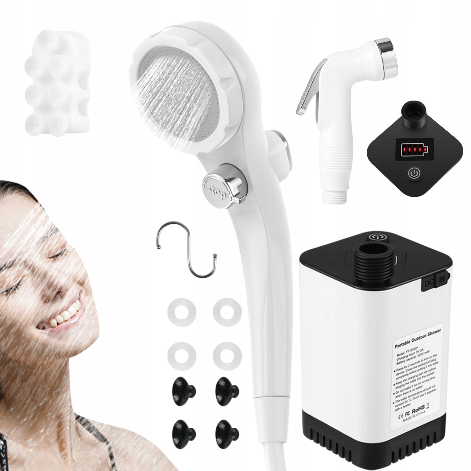 Przenośny Prysznic Kempingowy Akumulator 5200MAH 1.8M Podstawa Z Przyssawką