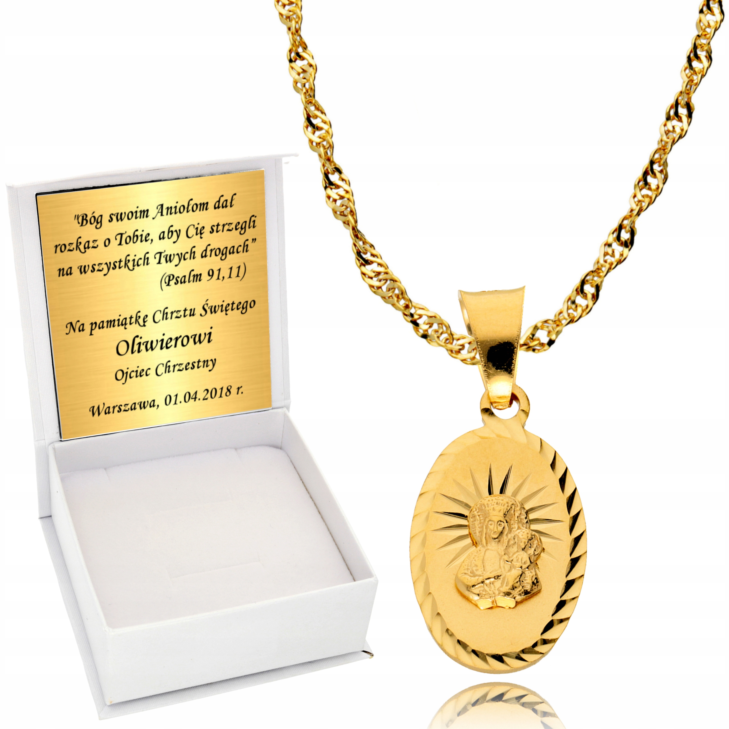 

Łańcuszek Złoty 925 Medalik Chrzest Komunia Grawer