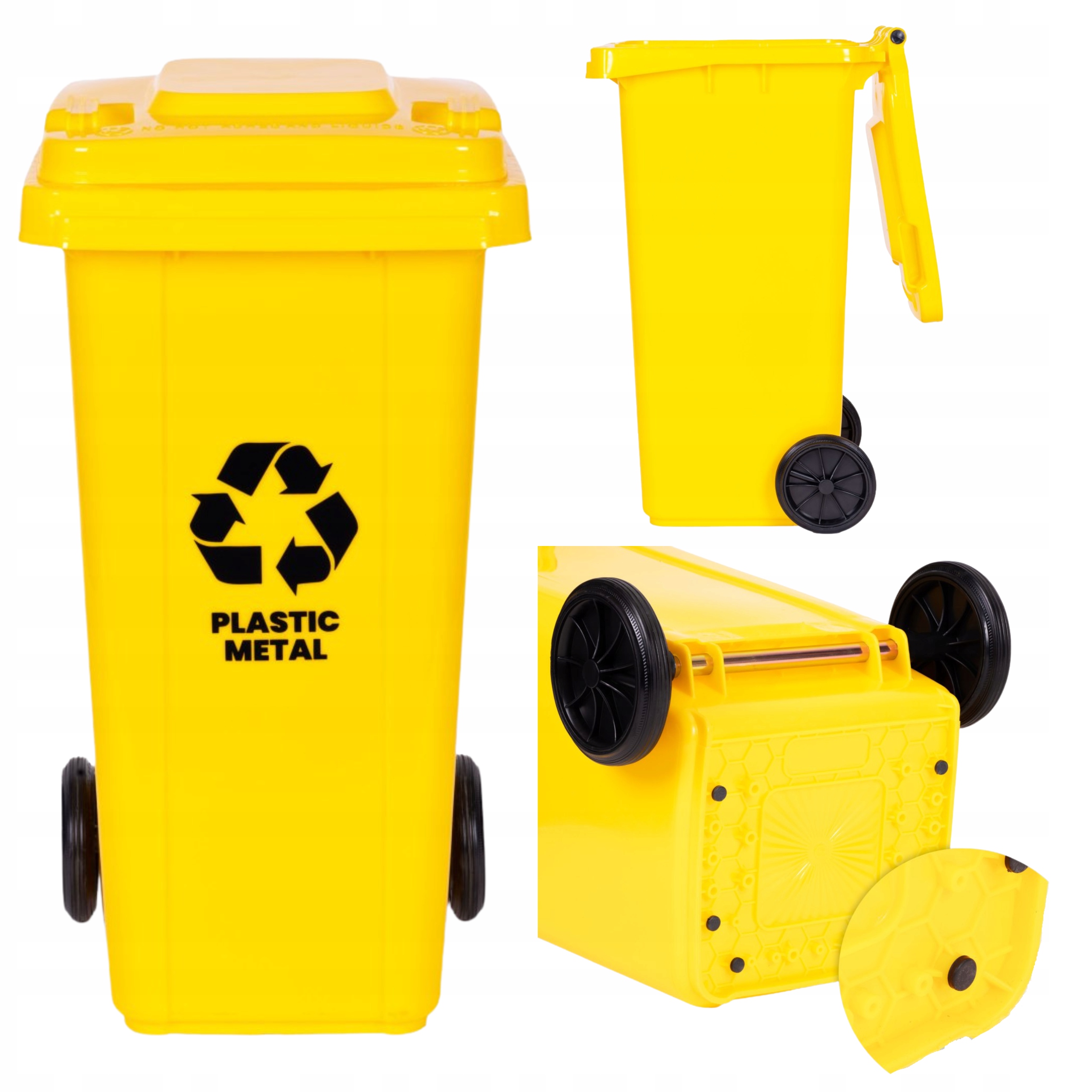 Kosz Na Smieci Pojemnik 120l Kubeł Śmietnik Żółty Plastik Gumowe Koła