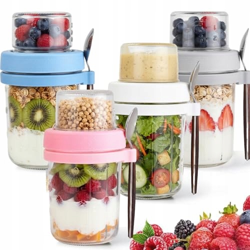 Vitever Sada 4 Sklenic 450 ml na ovesnou kaši Joghurt Parfait s víčkem