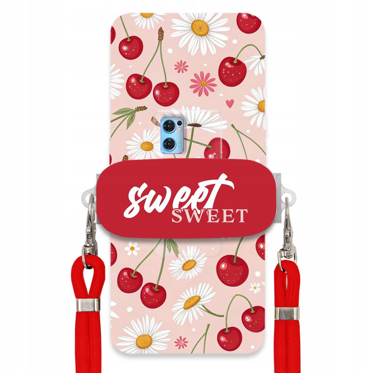 Puzdro pre Oppo Reno 7 Pro Červené vodítko Crossbody držiak Sweet Kvet čerešne