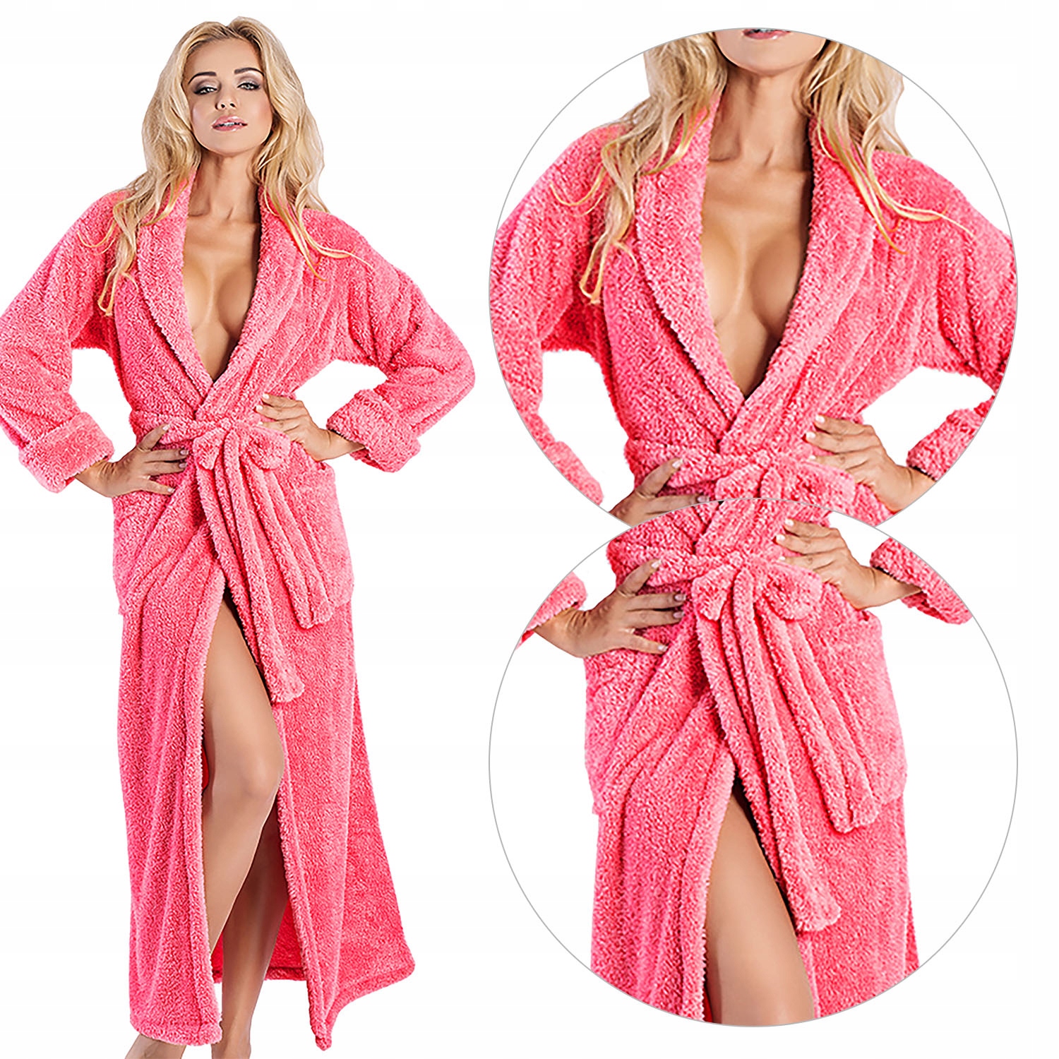 Dkaren Eliza korálový S růžový teplý vázaný dlouhý Župan