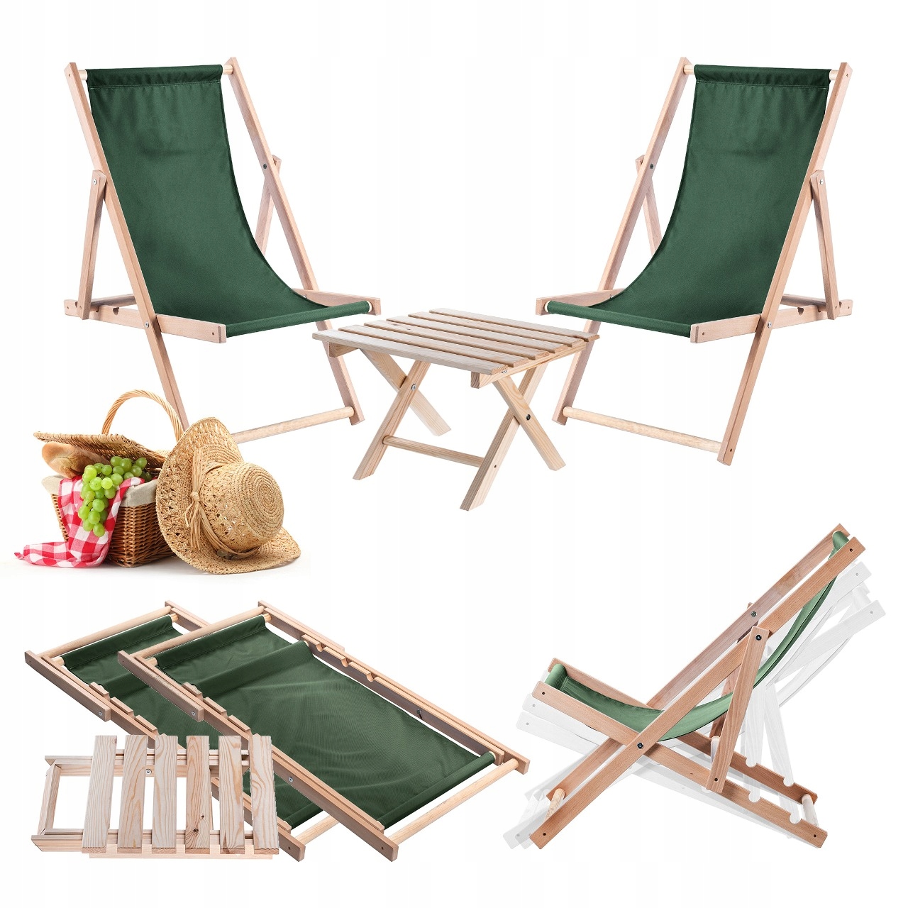 Plážové Lehátka Drevené Ležadlo 2 ks Skladací Konferenčný Stolík