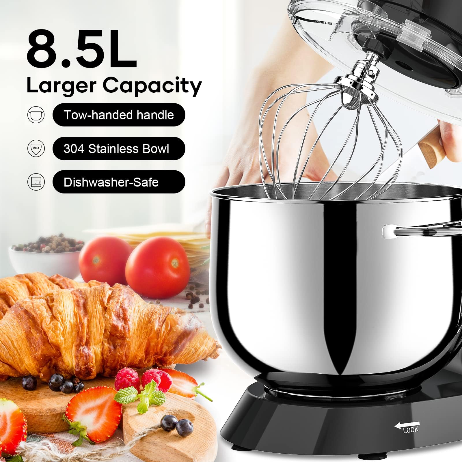 VEZZIO Robot Kuchenny 1500W Cichy 10 Prędkości 85L Czarna Misa Stalowa — miniatura 5