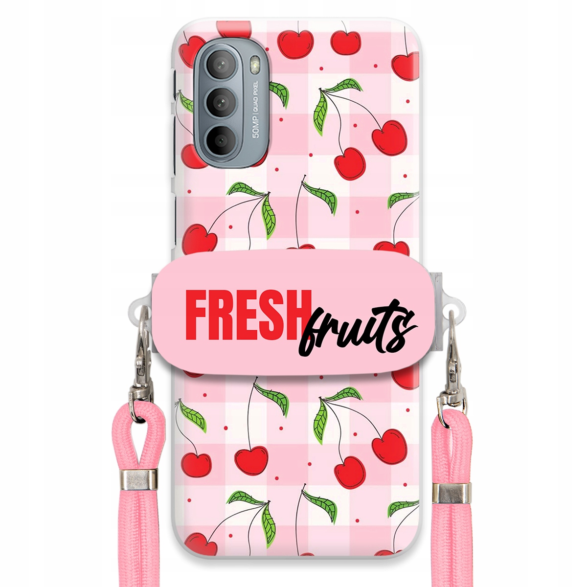 Puzdro pre Motorola G31 4G Držiak na šnúrku Ružový Fresh Fruits Mriežka