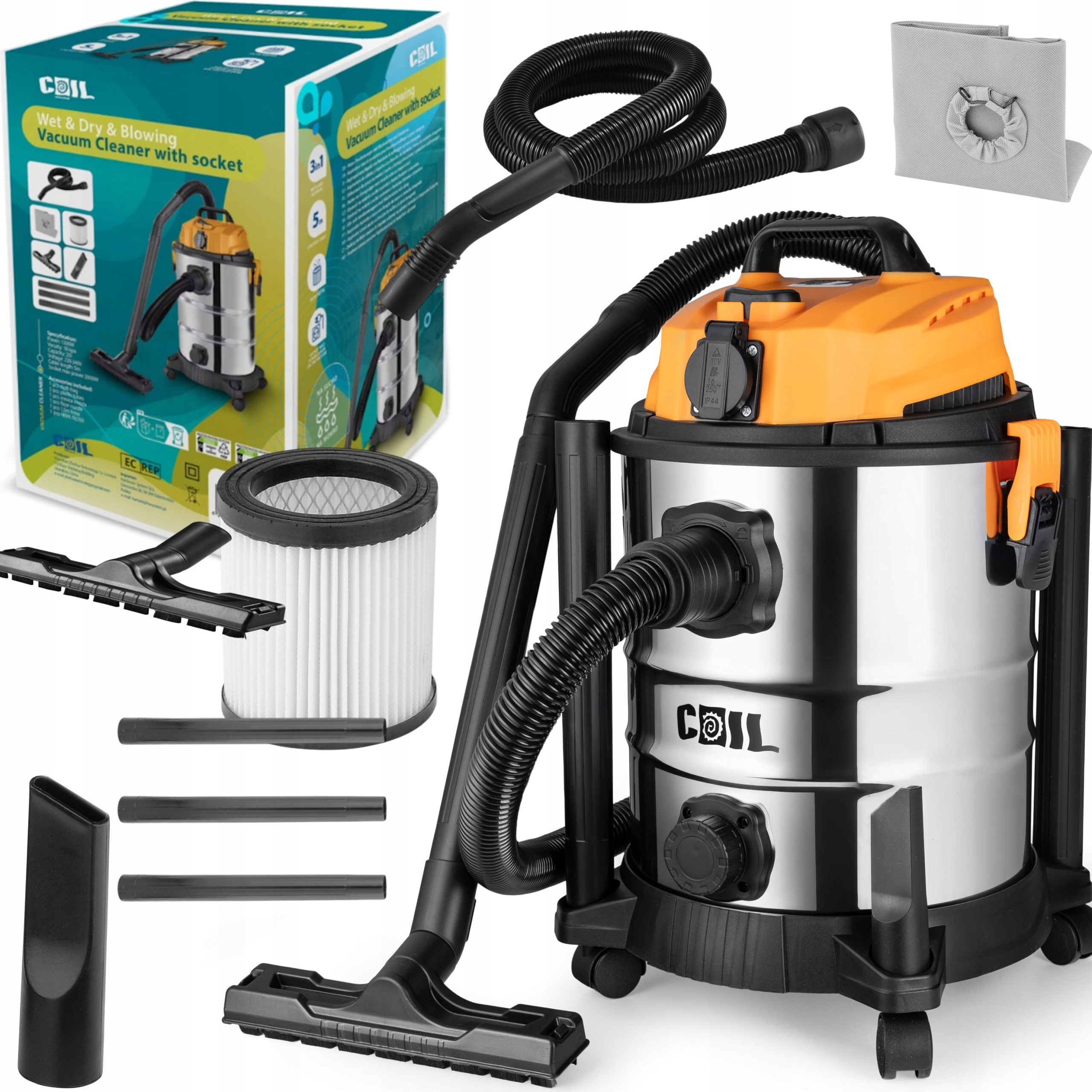 Odkurzacz Przemysłowy Mocny 3300W Do Pyłu Gipsu Mokro 25L Zestaw Coil