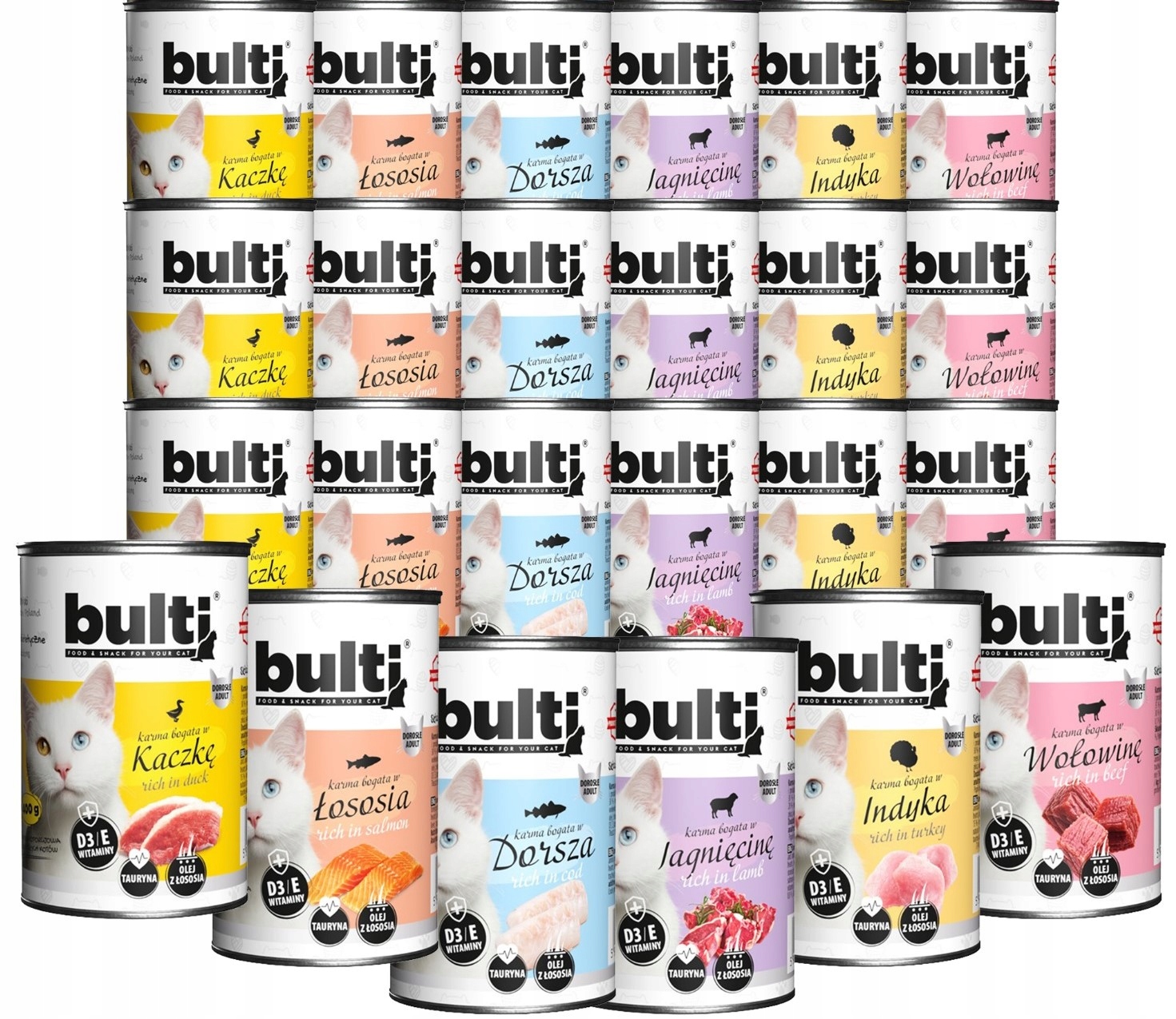 Mokré Krmivo pro kočky Bulti 24x 400g mix 6 příchutí, konzervy s masem, 65% masa