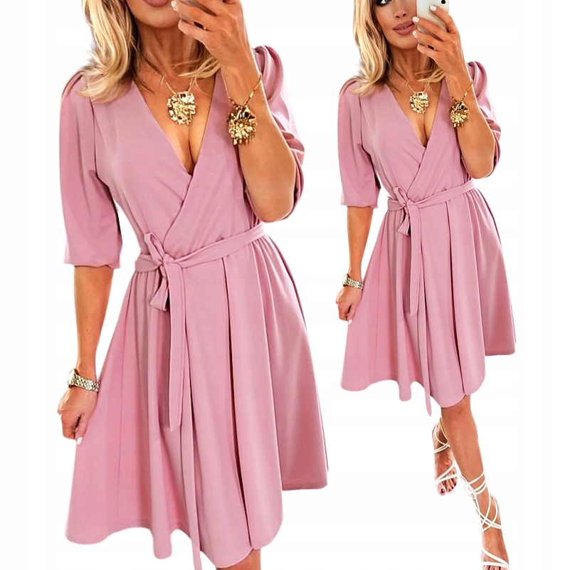 Sukienka Na Wesele Klasyczna Na Chrzciny Wizytowa Brudny Róż Dekolt V