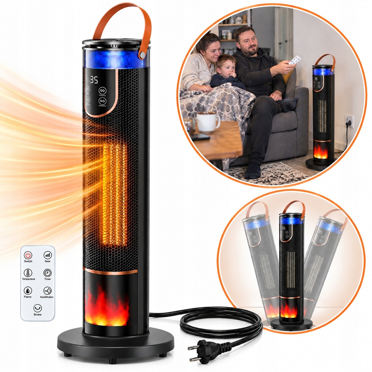 Elektrický sloupový termoventilátor s krbem Pilot 2000W Led