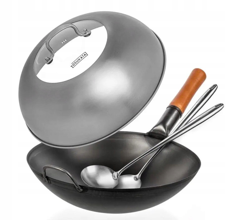 Yosukata Sada Wok 36 cm Uhlíková oceľ Okrúhle dno veko Lopatka Lyžica