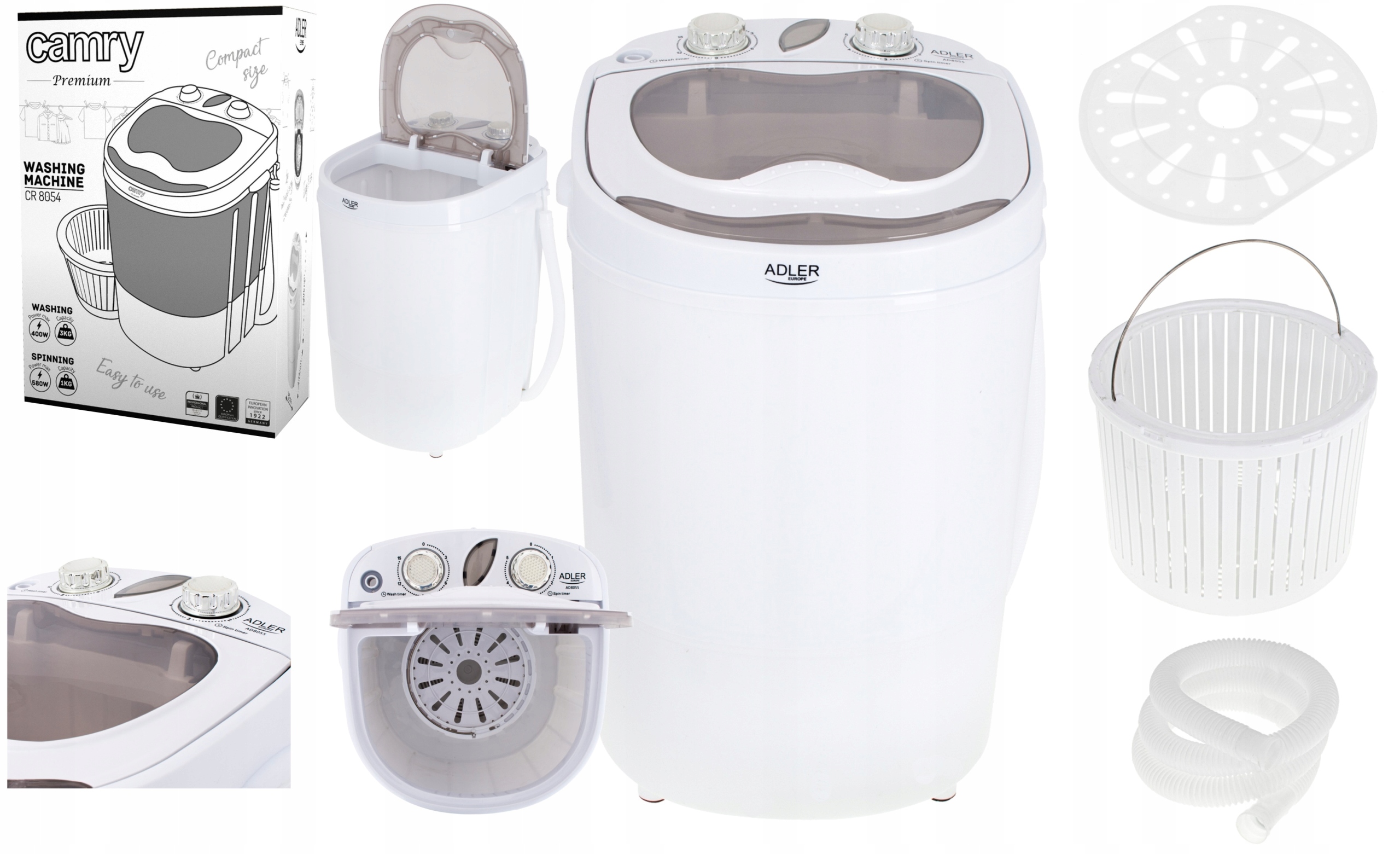 Turistická práčka s odstredivkou, malá, prenosná, do 3 kg, 580 W