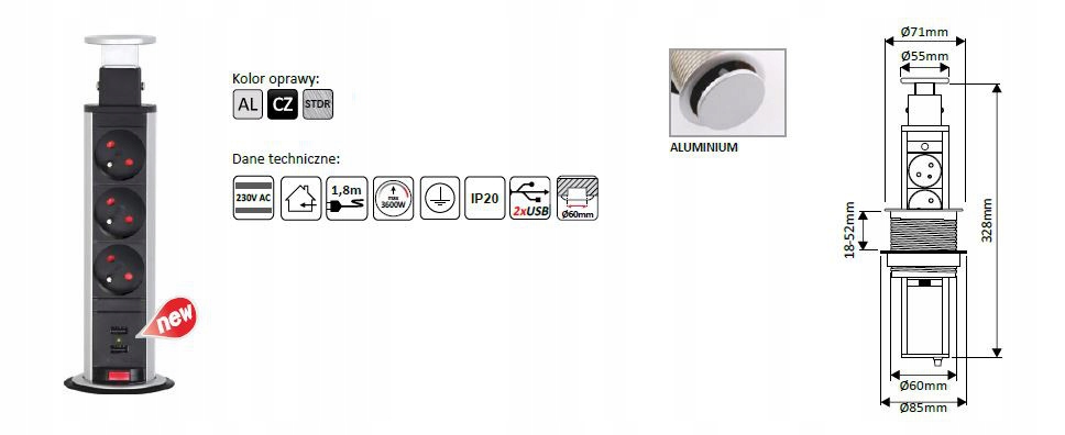 Zásuvka výsuvná z desky kulatá 230v x 3 zásuvky 2 x Usb Aluminium