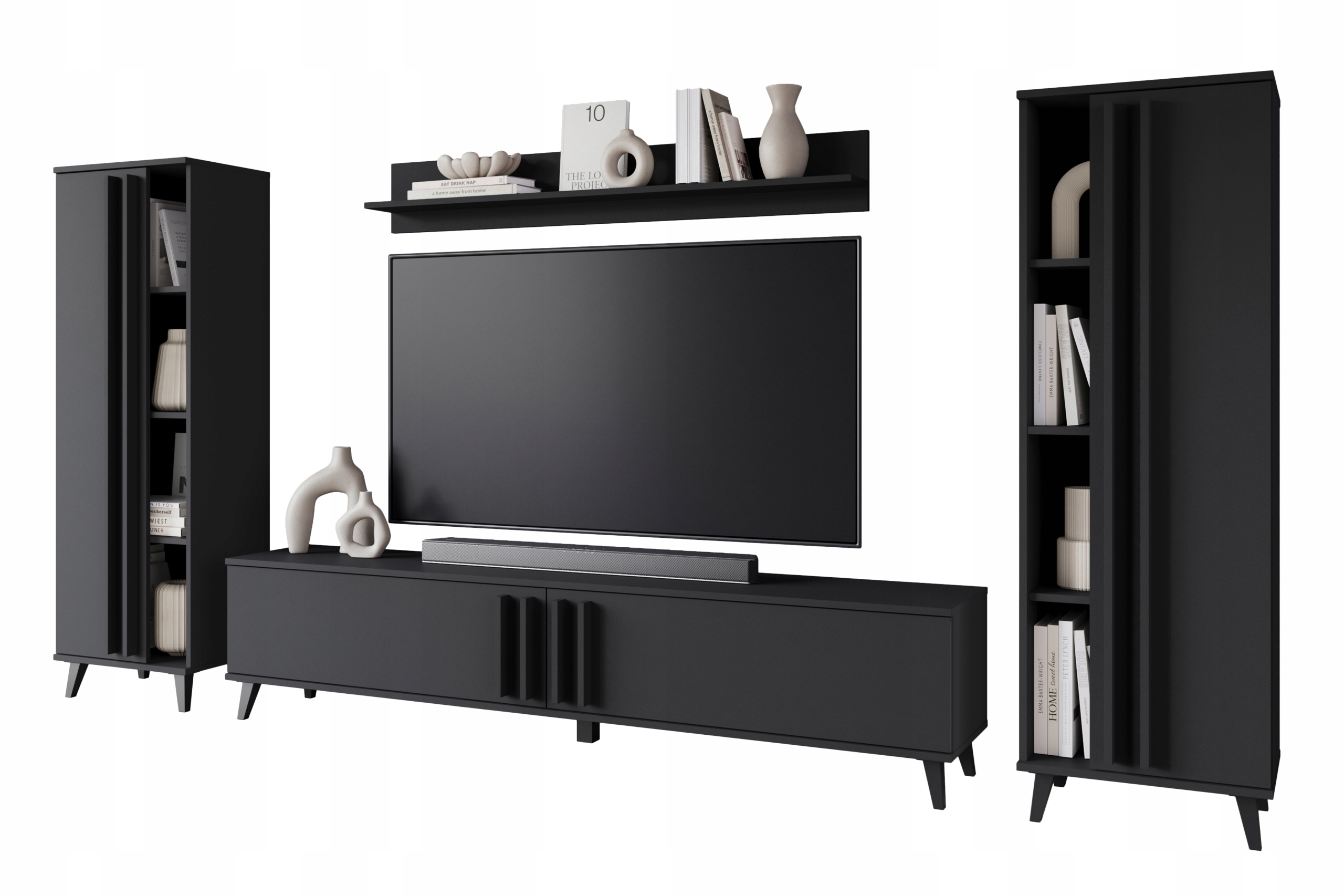 Meblościanka na nóżkach nowoczesny zestaw RTV z regałami, półką mat Czarny