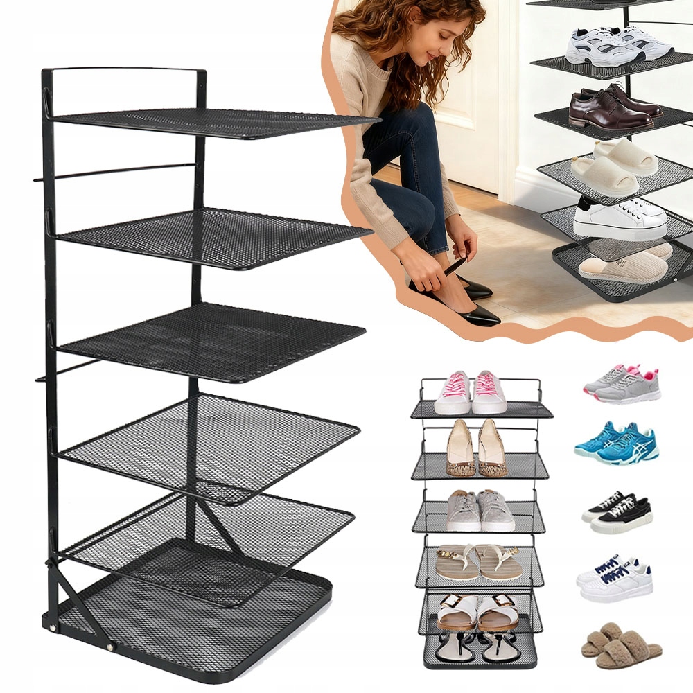 Vertikální organizér na obuv, kov, 6 vrstev, černý, skládací, bez použití nářadí