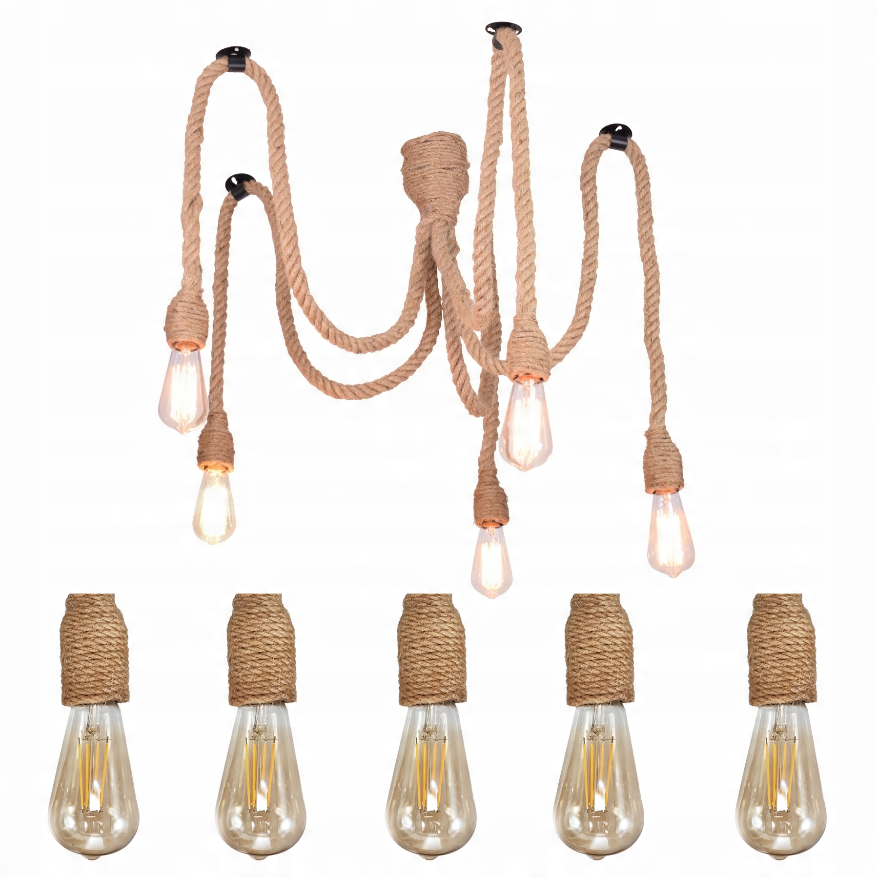 

Lampa Wisząca ze Sznurka Jutowego z 5x Żarówki