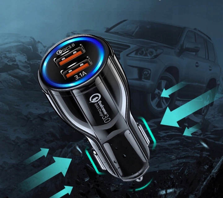 SZYBKA 3.1A SAMOCHODOWA ŁADOWARKA QUALCOMM QC 3.0 2x USB 5V 3,1A 12-24V DC Kolor czarny