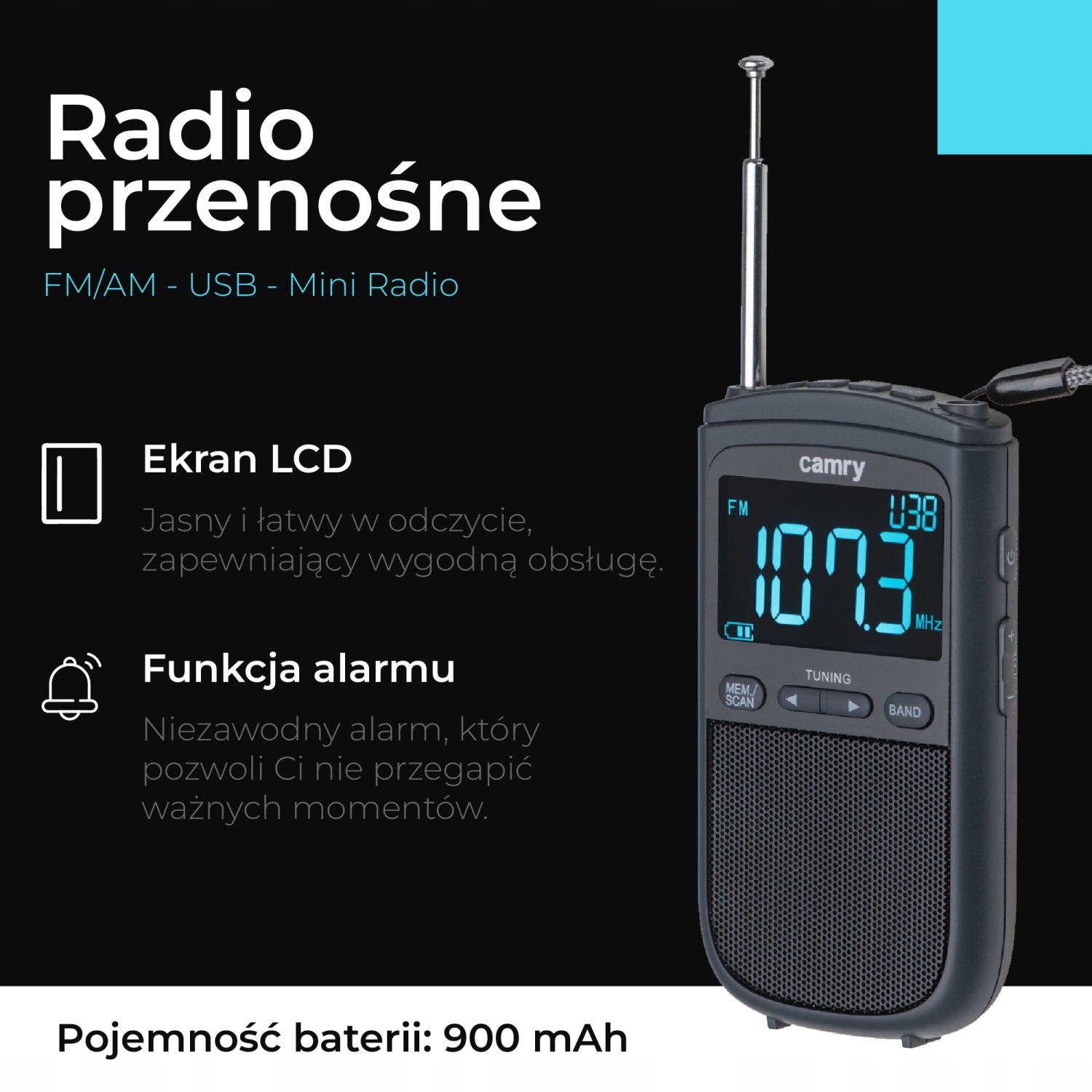 Mini Radio CR 1905 FM/AM - USB C, Alarm, Drzemka, Przenośne