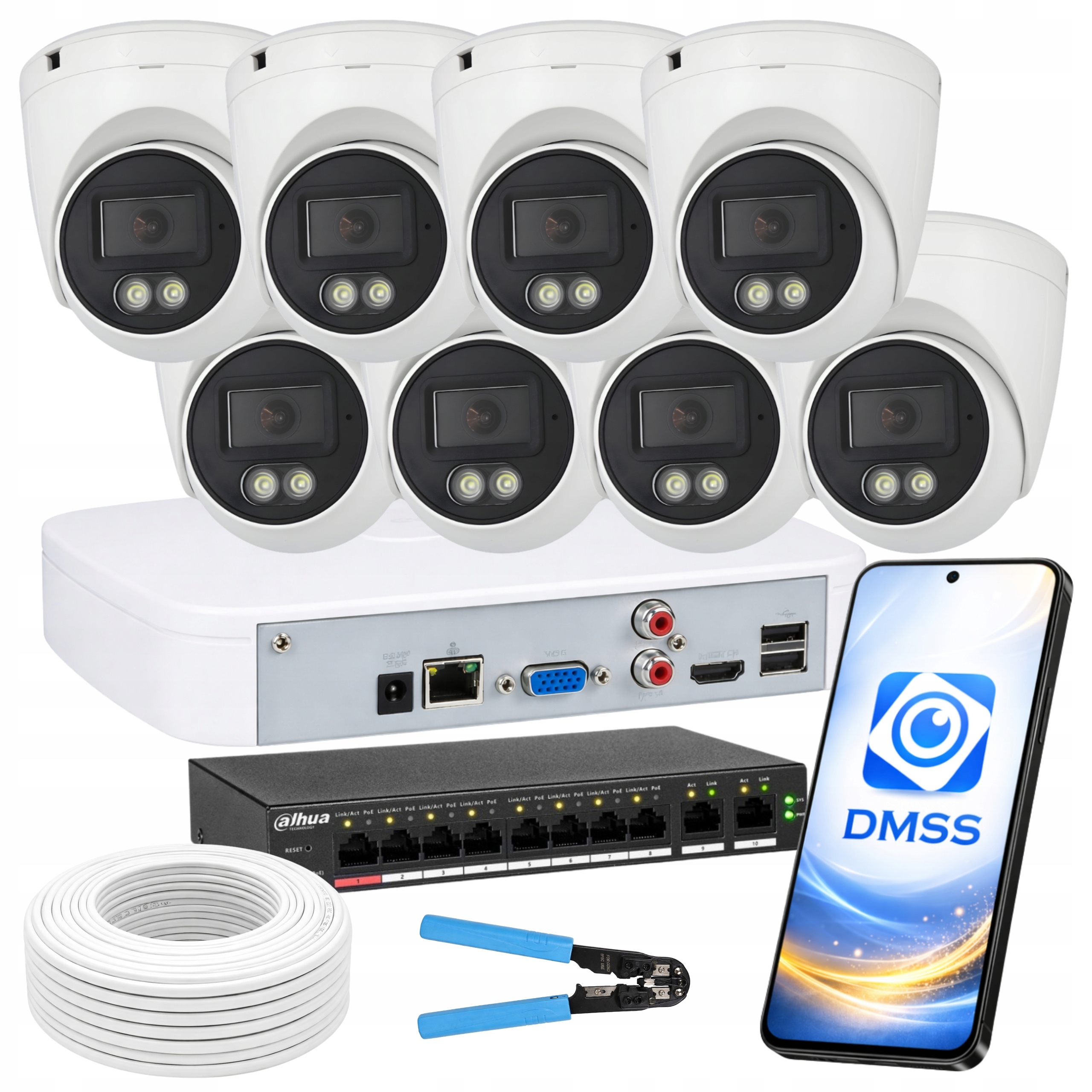 Monitorovací sada 8 kamer Ip PoE 4Mpx 2K venkovní Dom Firma Dahua Ir Led