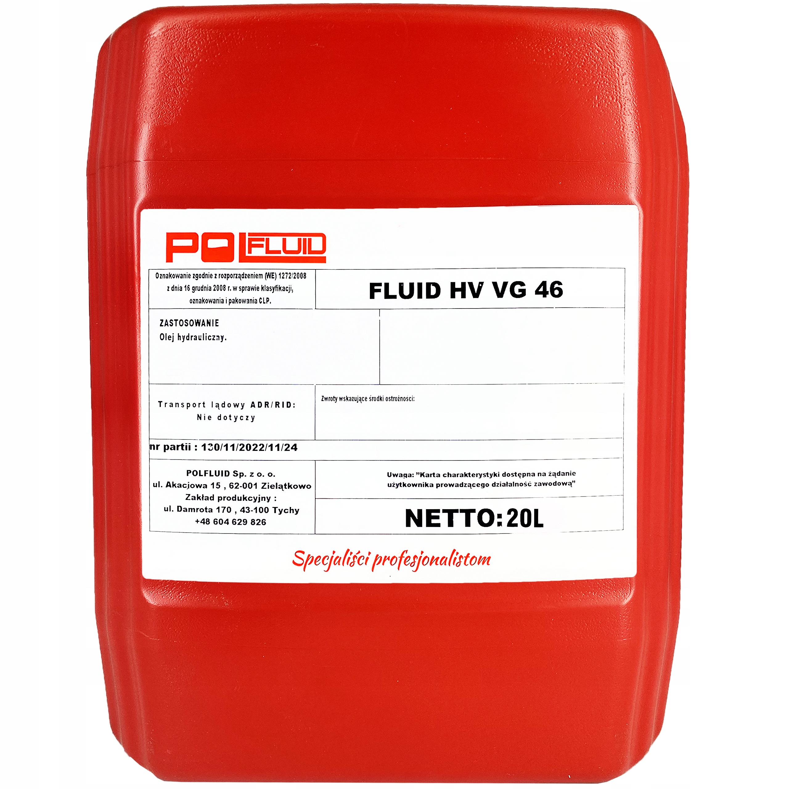 Гідравлічне масло Polfluid FLUID HV VG 46 20L