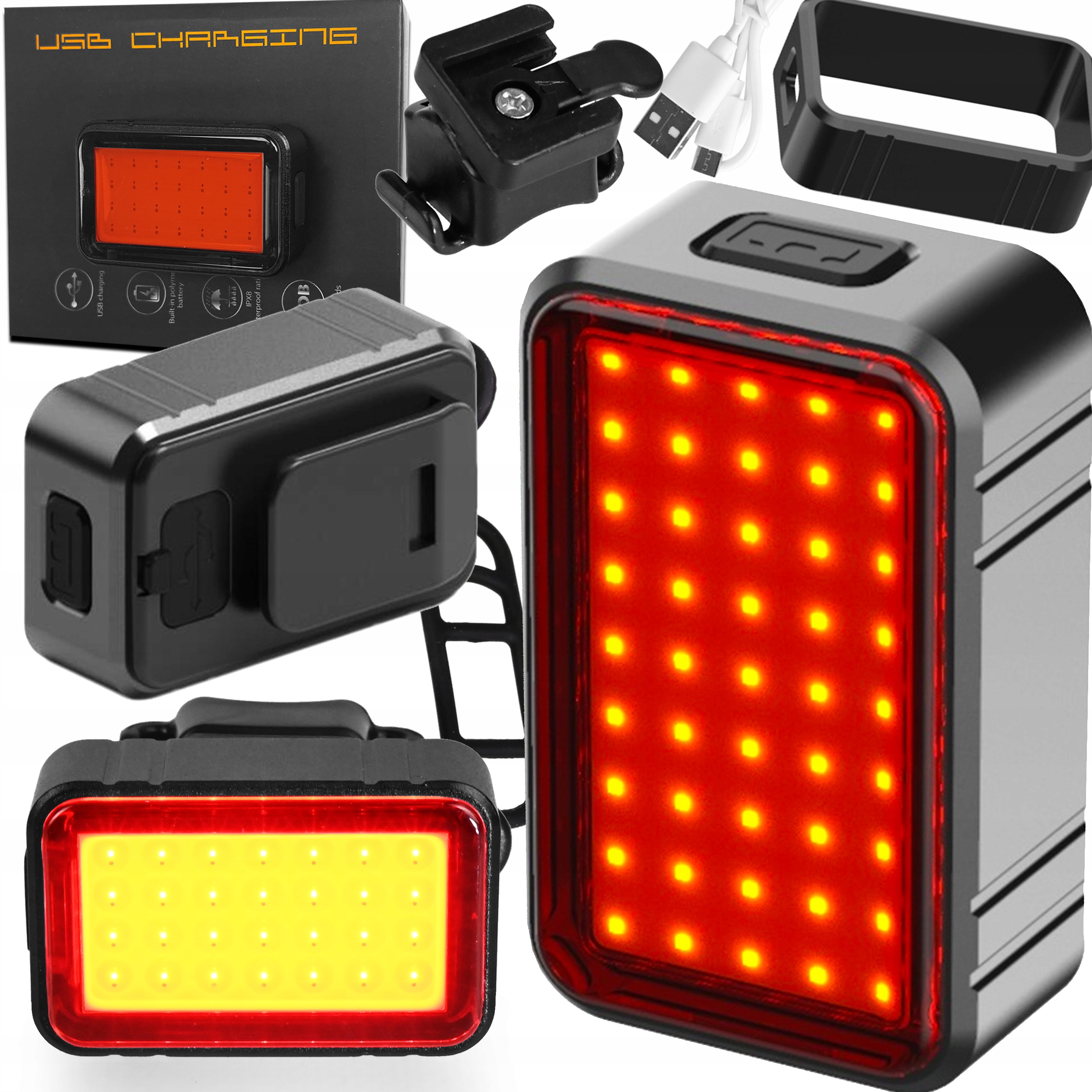 MOCNA LAMPKA ROWEROWA TYLNA Z UCHWYTEM USB LED AKUMULATOR 350mAh ZESTAW