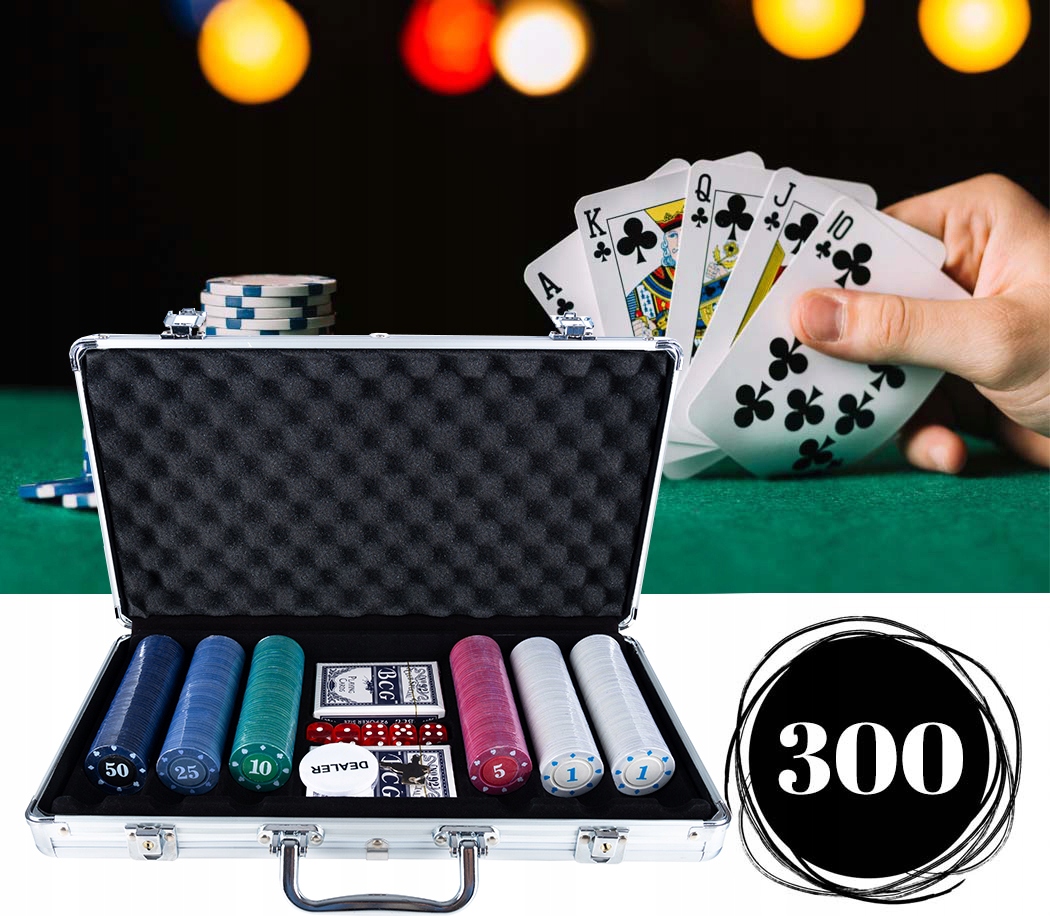ZESTAW DO POKERA TEXAS 300 ŻETONÓW 2 TALIE 5 KOŚCI ELEGANCKA MOCNA WALIZKA Waga produktu z opakowaniem jednostkowym 2.2 kg