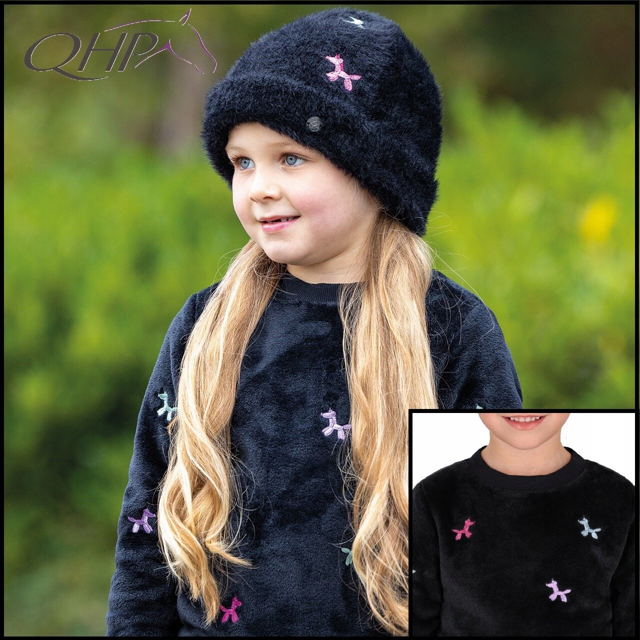 Sweter puszysty miękki ciepły Isalyn Qhp czarny jednorożce dziecięcy 116