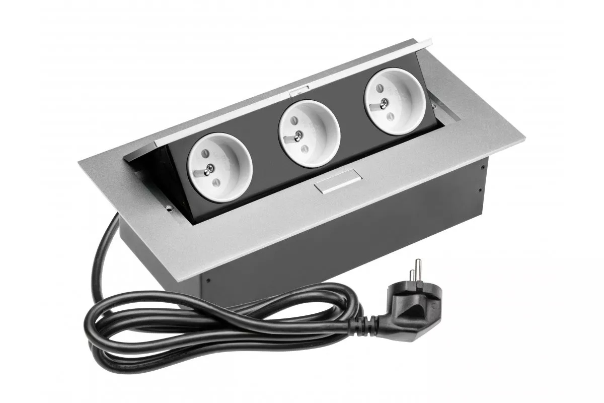 Gniazdo chowane wpuszczane w blat srebrne przedłużacz Gtv 3G z uziemieniem