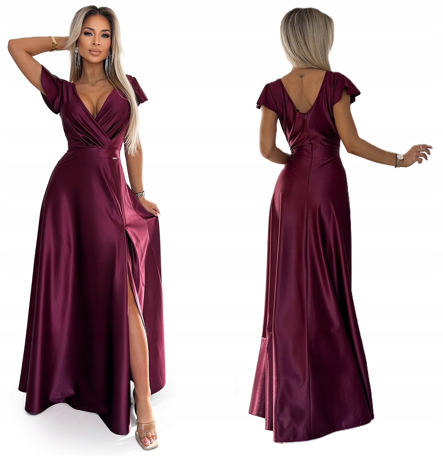 Saténová Dlouhá Šaty S Impozantním Výstřihem A Výstřihem Bordó 3XL