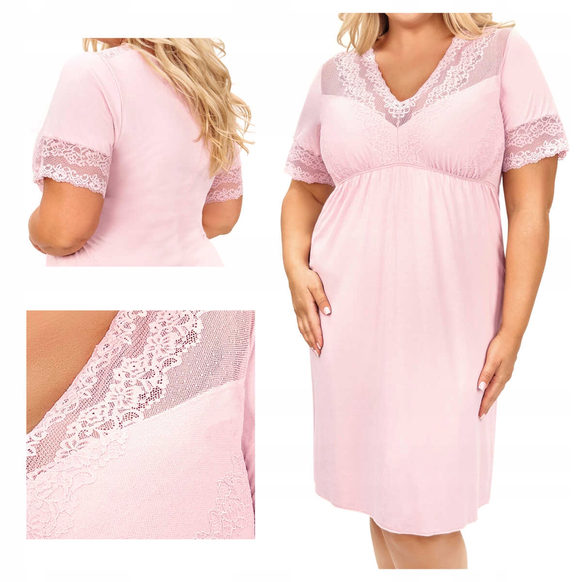 Donna Košile noční z viskózy s krátkým rukávem, krajka Linda růžová plus 4XL