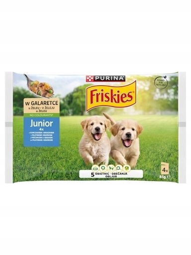 5 x Friskies Junior Vlhké krmivo pro psy Kuře a hrášek v želé 4x85 g