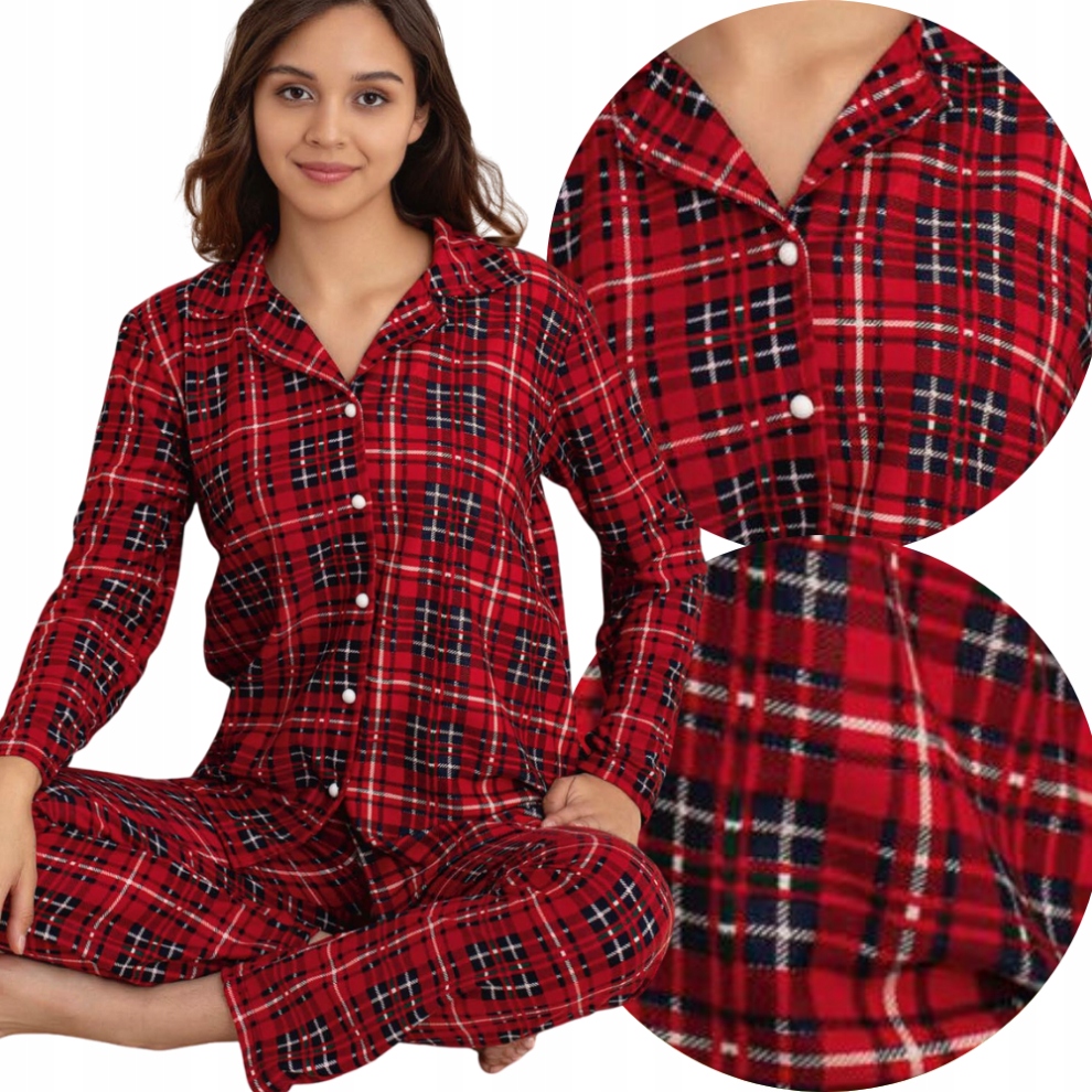 Piżama Damska Dwuczęściowa Bawełniane Ciepłe Rozpinana Długi Rękaw Spodnie