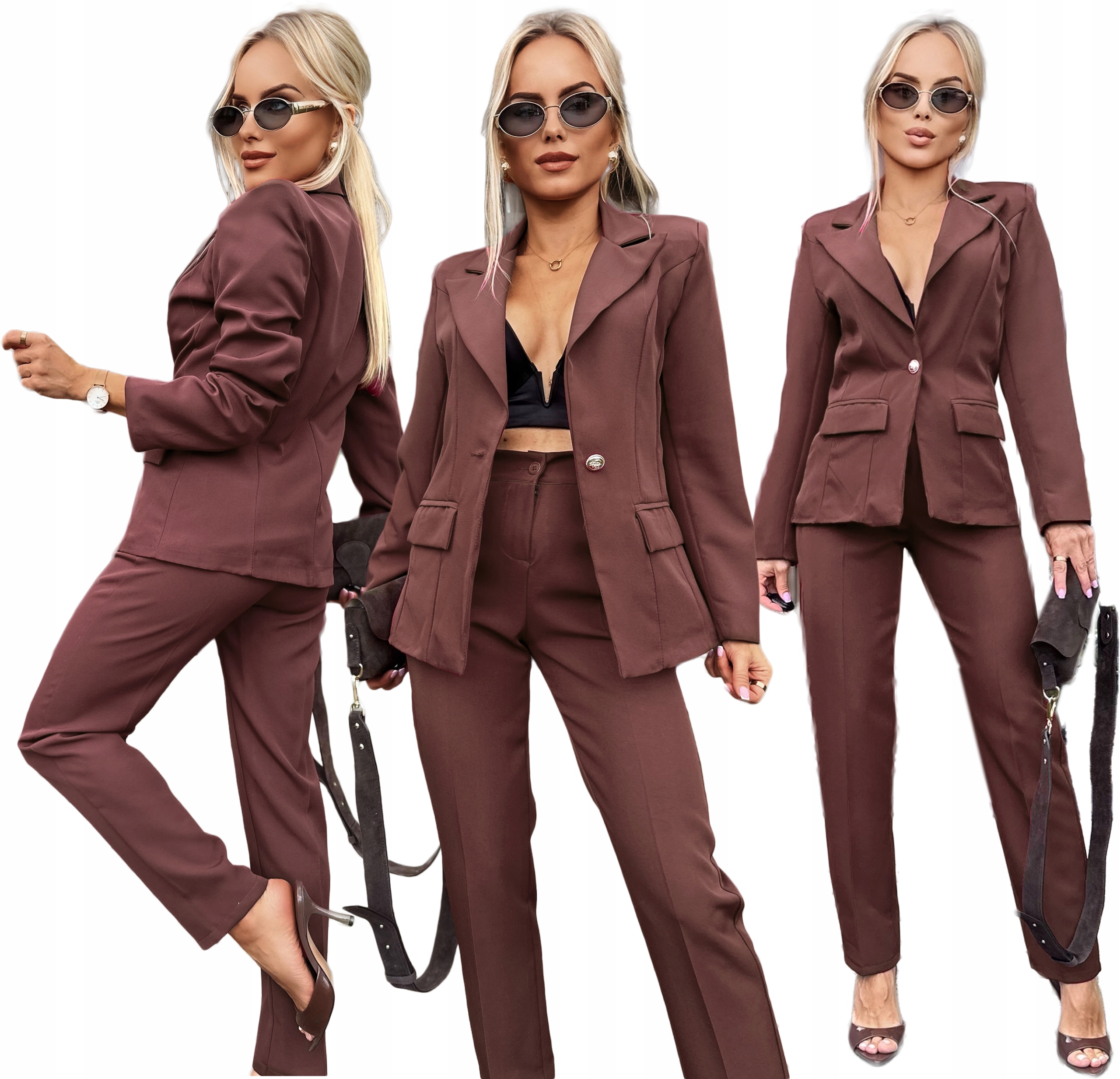 Čokoládový dámský sako oblek doutníkové kalhoty M Eva