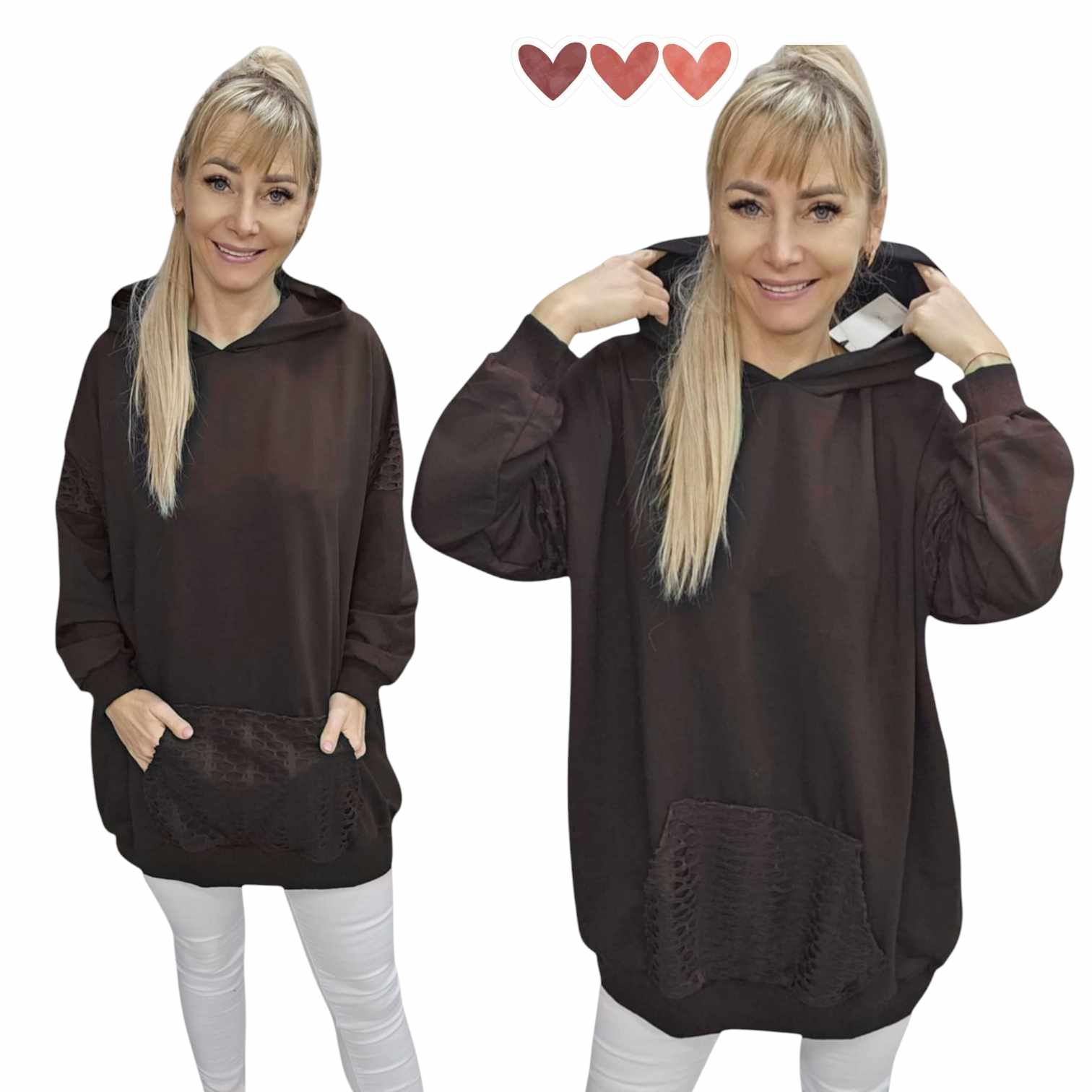 Bluza Damska Kangurek Dresowa kaptur na co dzień czekol 50 52 5XL 6XL 3167